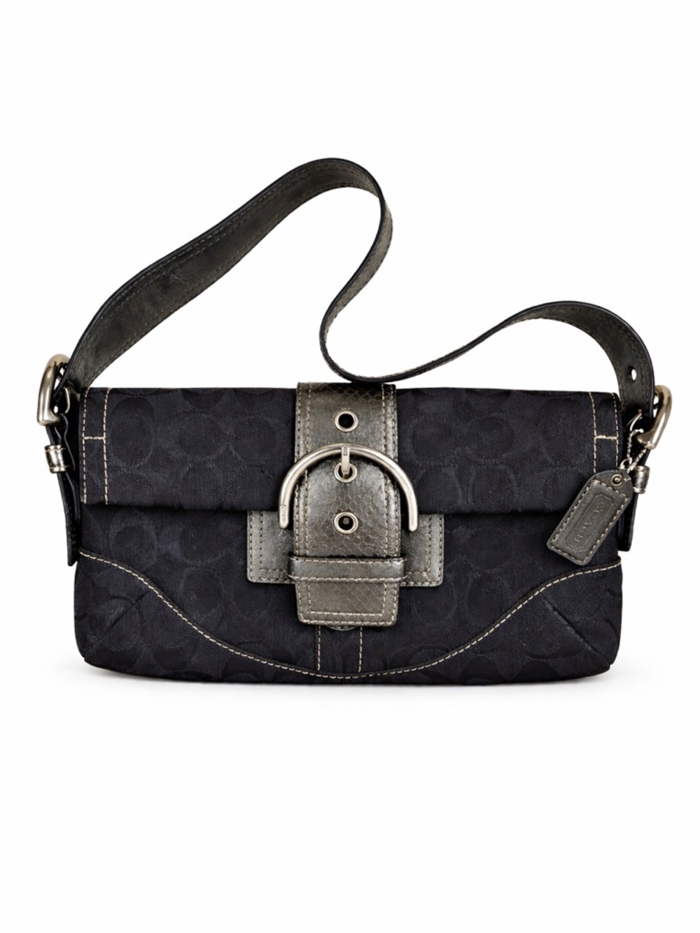 Coach Signature Logo Metallic Snakeskin Print Black Y2K Baguette F05Q-8K38